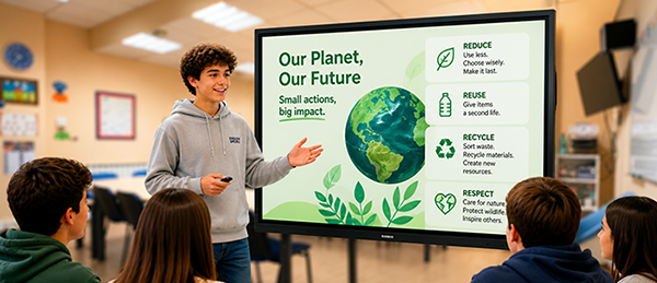 Alumno joven presentando un proyecto en inglés